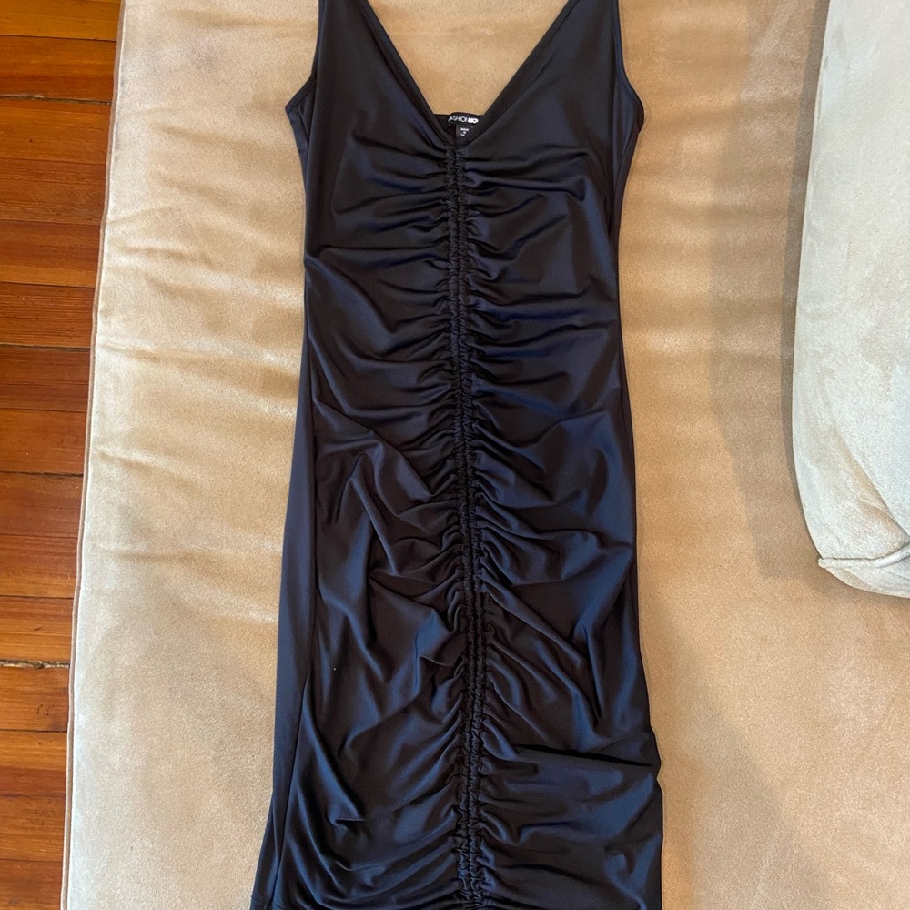 Fashion Nova Black Ruched Sheath Dress V-Neck Midi